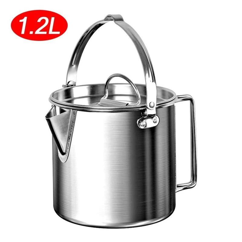 Outdoor Stainless Steel Kettle Folding Camping Hanging Pot Portable Coffee Pot Teapot Picnic Stove 1.2L
