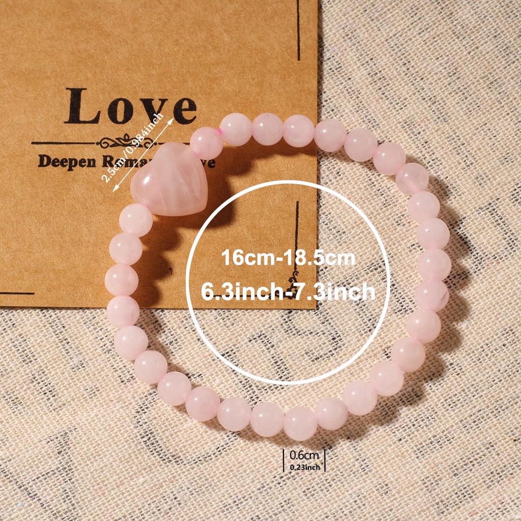 Festive Gifts Rose Quartz Beaded Bracelet With Heart Charm Sweet Fashion Jewelry For Women Daily Wear Simple Versatile Accessory