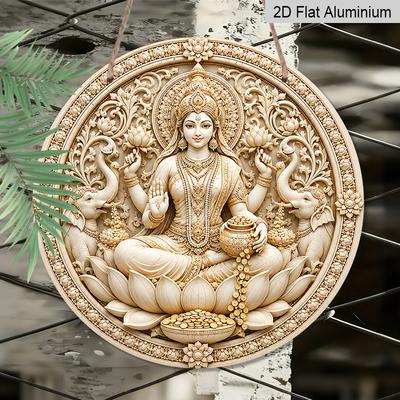 2D Flat, 1pc Round Aluminum Hanging Sign, Goddess Lakshmi Lotus Elephant Gold Coin Print Metal Wall Hanging Decor, Hindu Diwali Wealth Prosperity