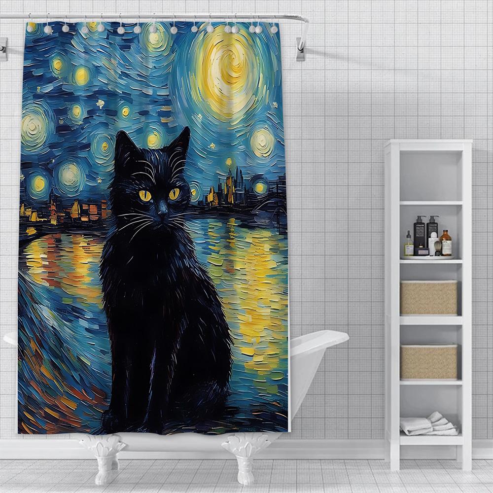 Shower Starry Sky Cat Curtain Waterproof Polyester Fabric Paint Colorful Bath Curtains Home Bathroom Decor Curtain With Hook