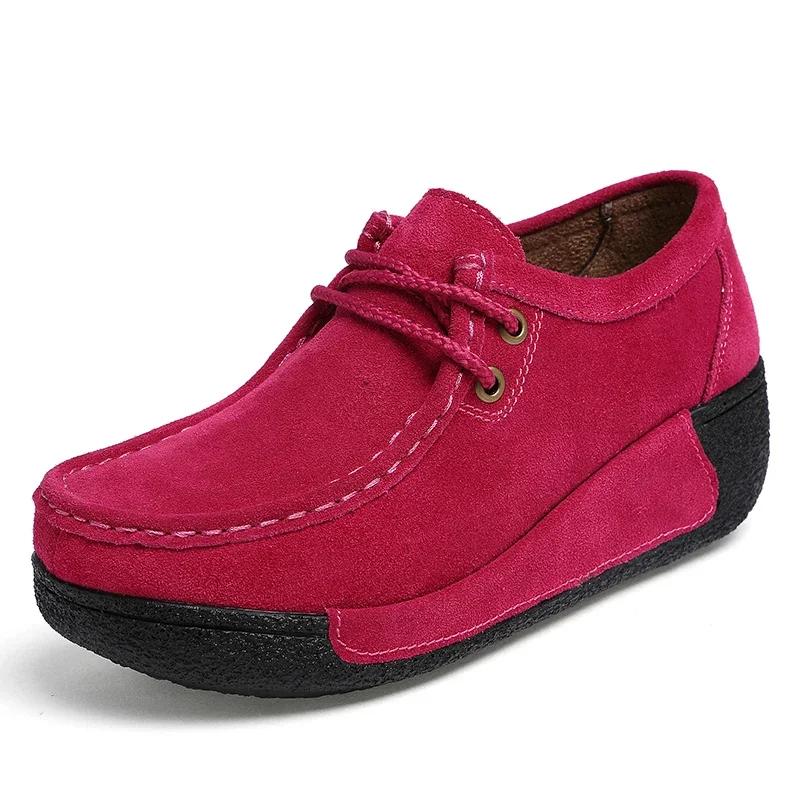 Autumn Thick Bottom Moccasins Loafers Ladies Non-Slip Lace Up Walking Shoes High Quality Cow Suede Spring Casual Shoes Women
