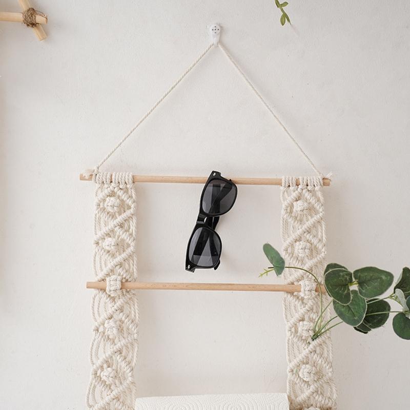 Hand Woven Tapestry Storage Holder Wood Cotton Rope Bowknot Hairpins Headband