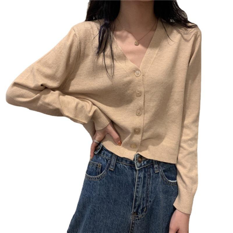 Early Autumn New Knitted Outer Cardigan Short Korean Version V-neck Loose Inner Long-sleeved Thin Sweater Jacket Women's Clothing