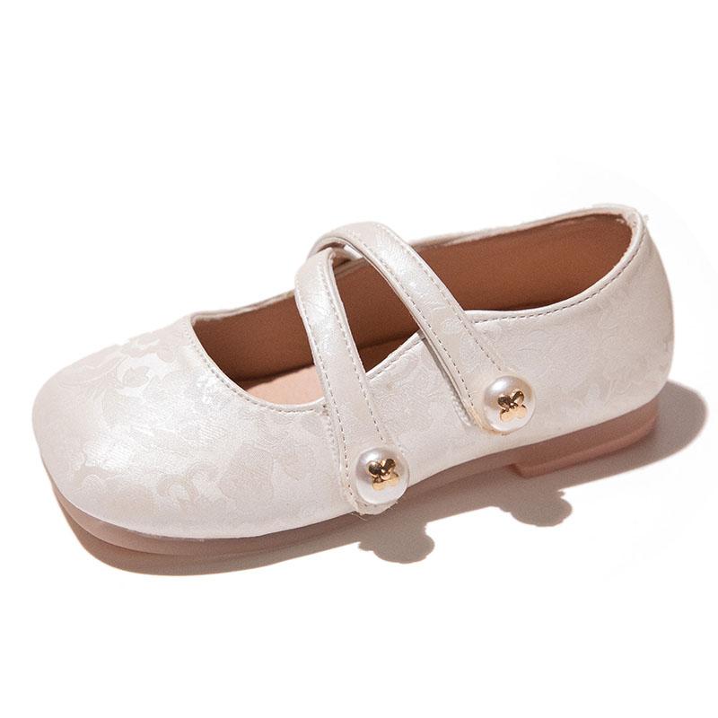Children Pearls Cross Shoes Chinese National Style Kids Flowers Printed Princess Shoes Girls Leather Shoes for Party Wedding