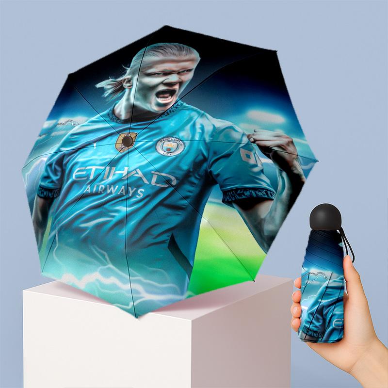 Erling Haaland Pattern Printed Mini 5 Folds 8 Ribs Compact Umbrella Windproof Waterproof Lightweight Portable Folding