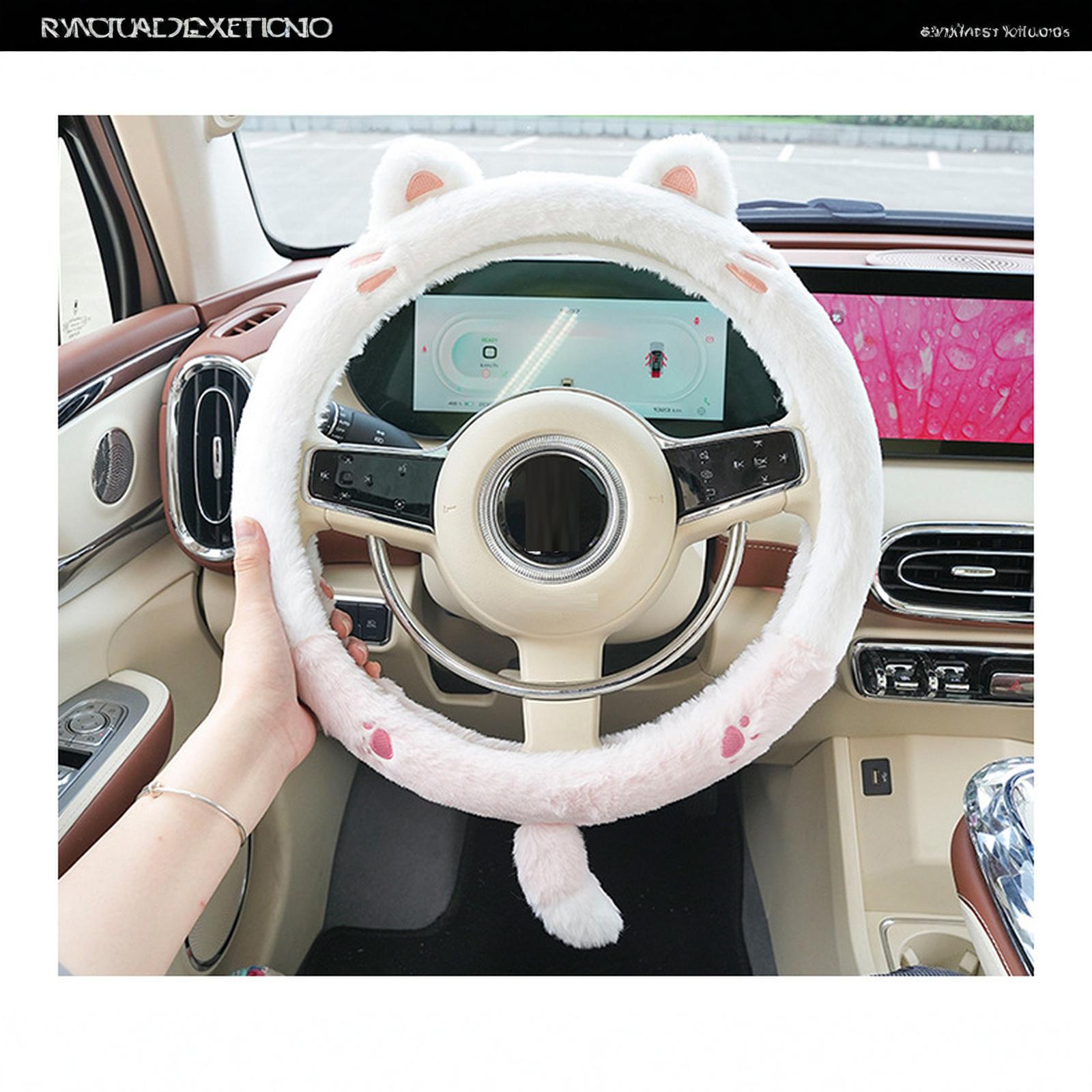 

Winter Cartoon Steering Wheel Set Interior Decoration Plush Embroidered Handlebar Gloves Cute One Size