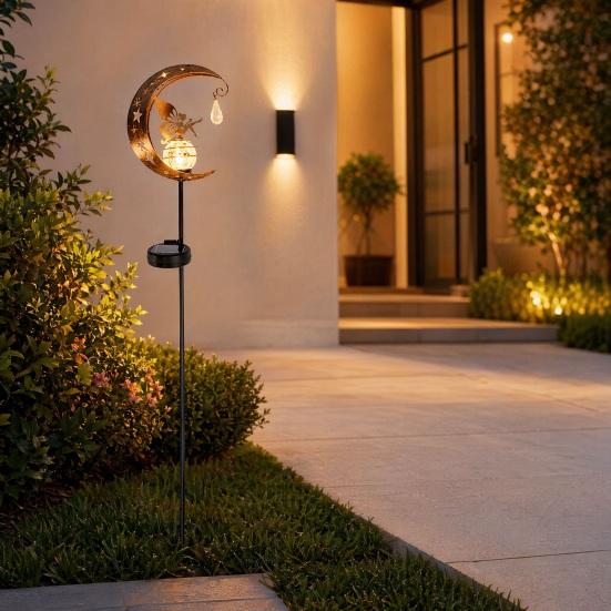 Hummingbird Moon Solar Light, Metal Crescent with Crackle Glass Ball Garden Stake, Solar Pathway Light for Yard Patio Lawn Outdoor Decor