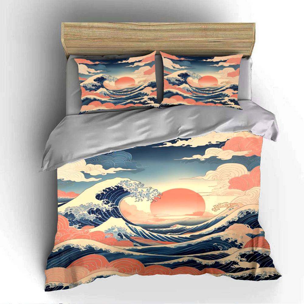 Japanese Wave and Red Sun Bedding Set Bedding set (1 duvet cover, 2 pillowcases, duvet not included)