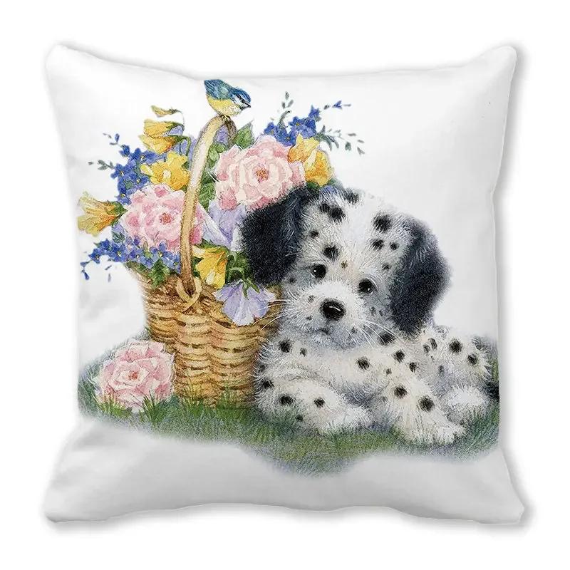 Urocza poszewka na poduszkę z nadrukiem zwierzęcym kota i psa do dekoracji sofy w salonie domowym, kwadratowa poszewka 45x45cm