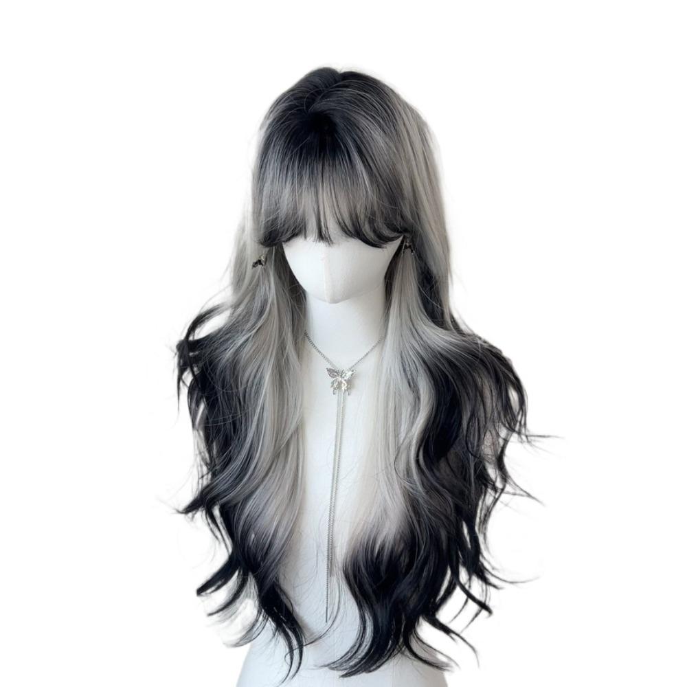 Halloween Long Body Wave Wigs Air Bangs Lolita Cosplay Wigs Black and Gray Gradient Wigs for Women