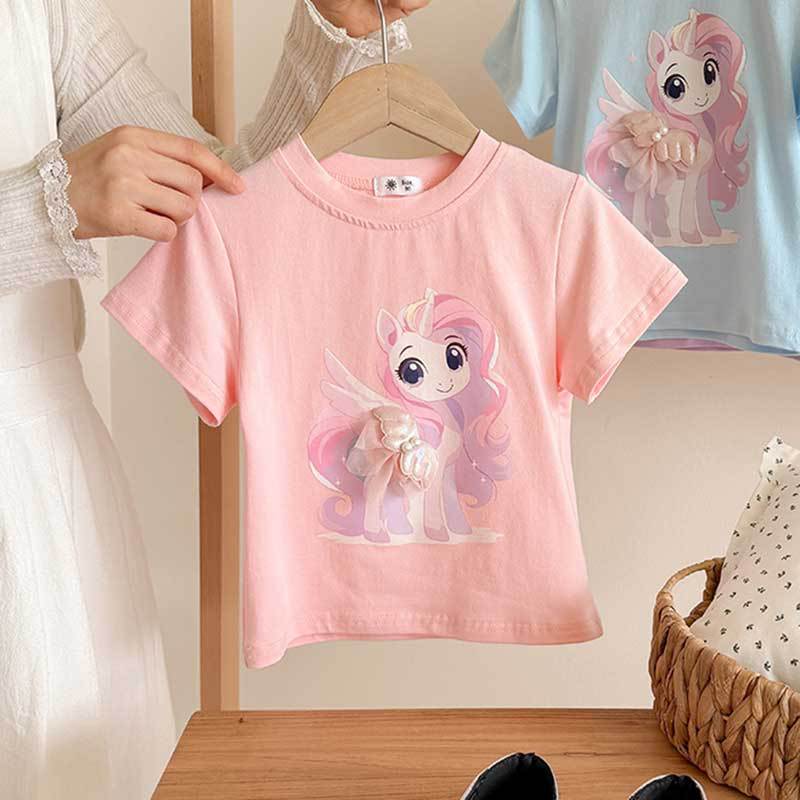 Girls' Casual Cotton Short-sleeved T-shirt, Summer Children's Cute Little Horse Printed T-shirt