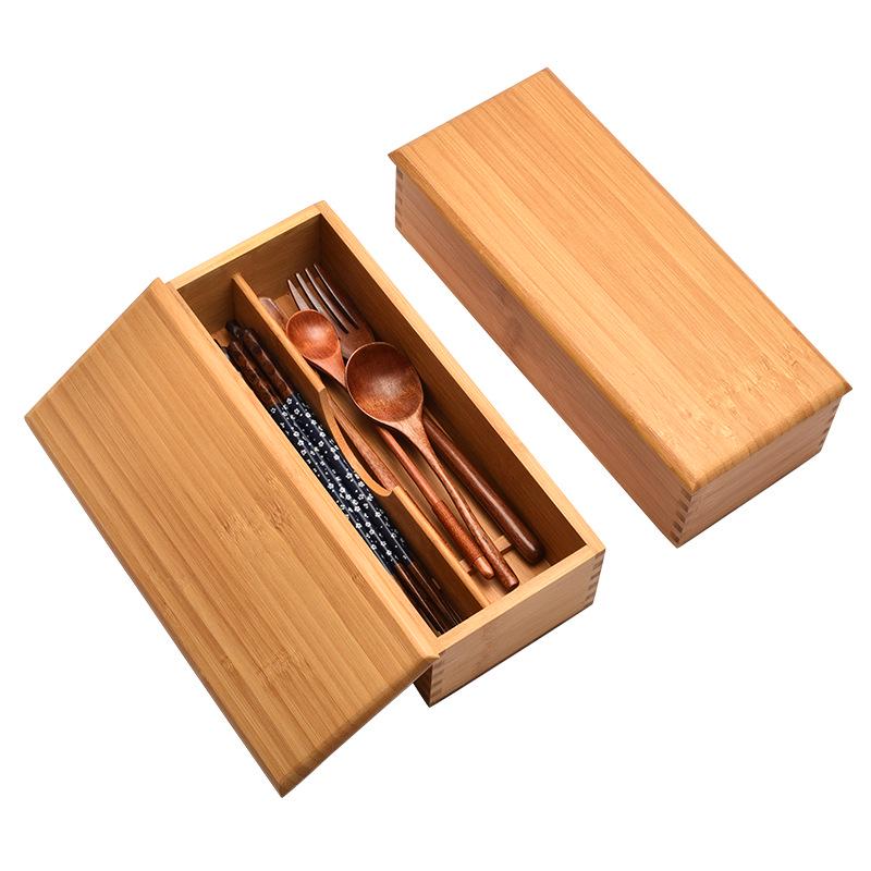 Engraved Tableware Storage Box with Cover: Japanese Chopstick, Spoon, and Fork Compartment