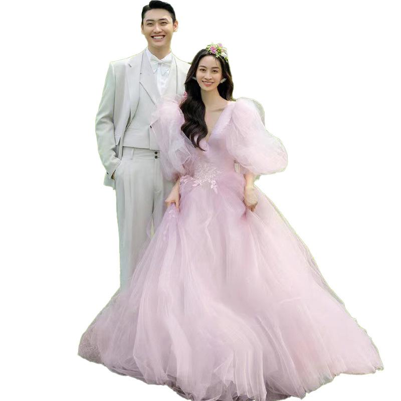 Temperament pink wedding dress 2025 new clothing long light wedding dress