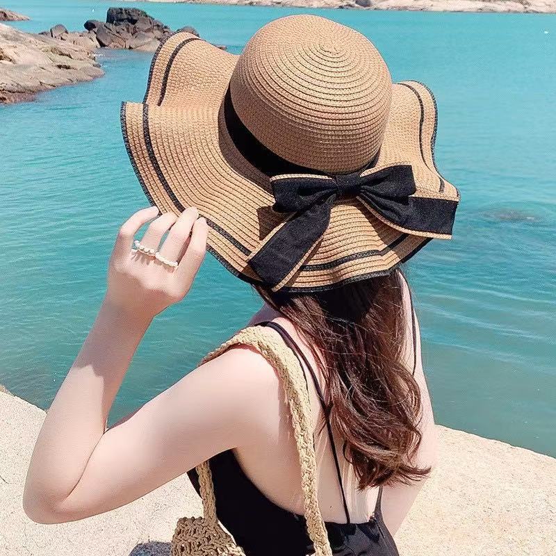 New bow lace straw hat women's summer seaside beach vacation sun hat large brim sun protection hat