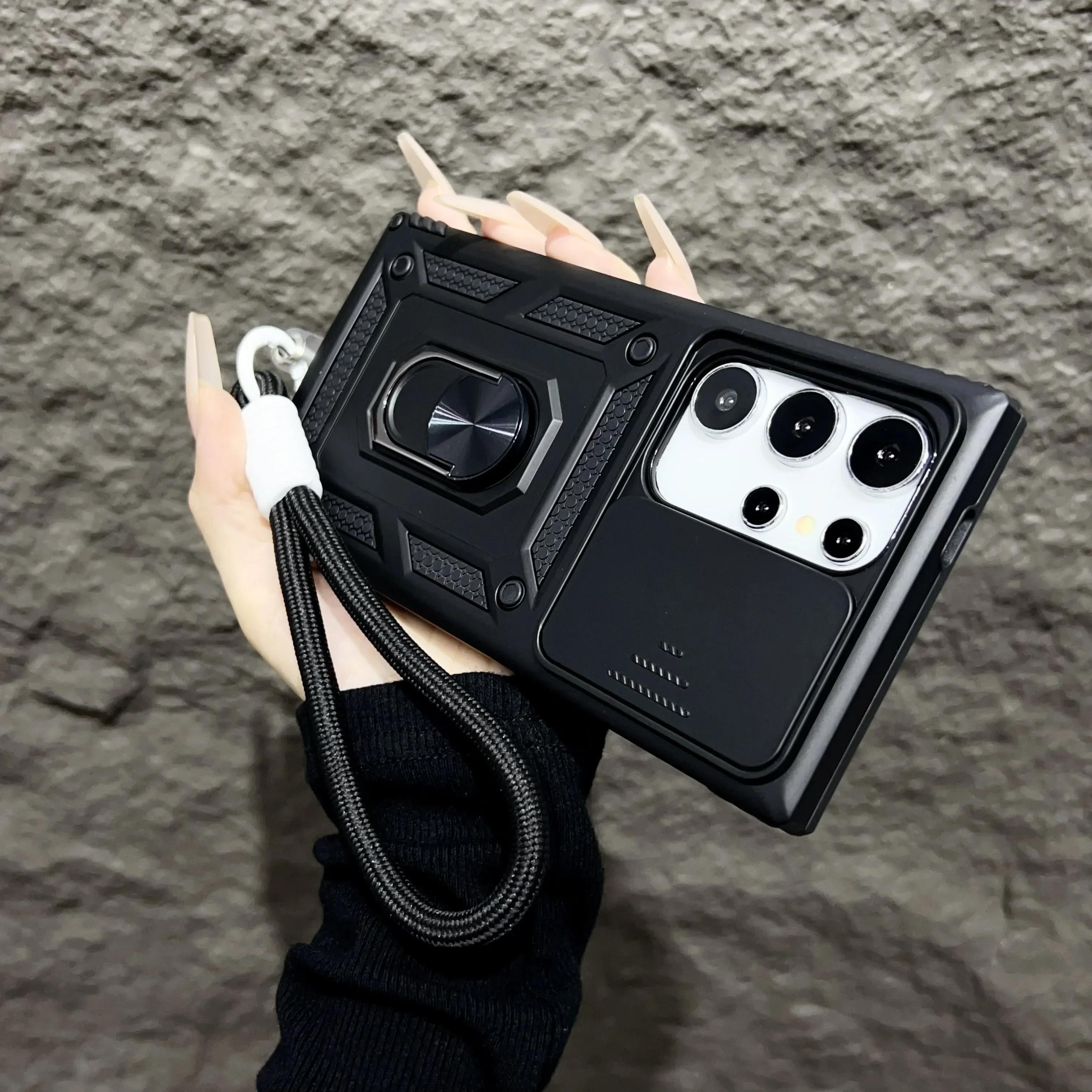 

Противоударный бронированный чехол для Motorola Edge 50 40 NEO 30 Pro Ultra Fusion G04 G34 G84 G54 G42 с кольцом-держателем и сдвижной крышкой для защиты объектива For Moto Edge 40 чёрный