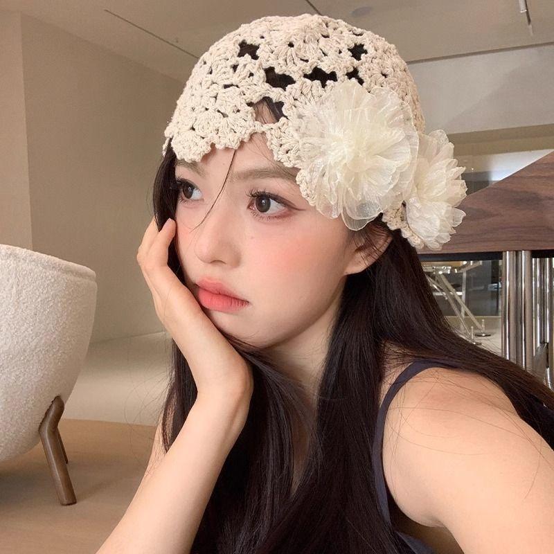 Women's Japanese Style Hollow Out Handmade Crochet Head Cap Thin Retro Flower Knitted Wool Hat Kni