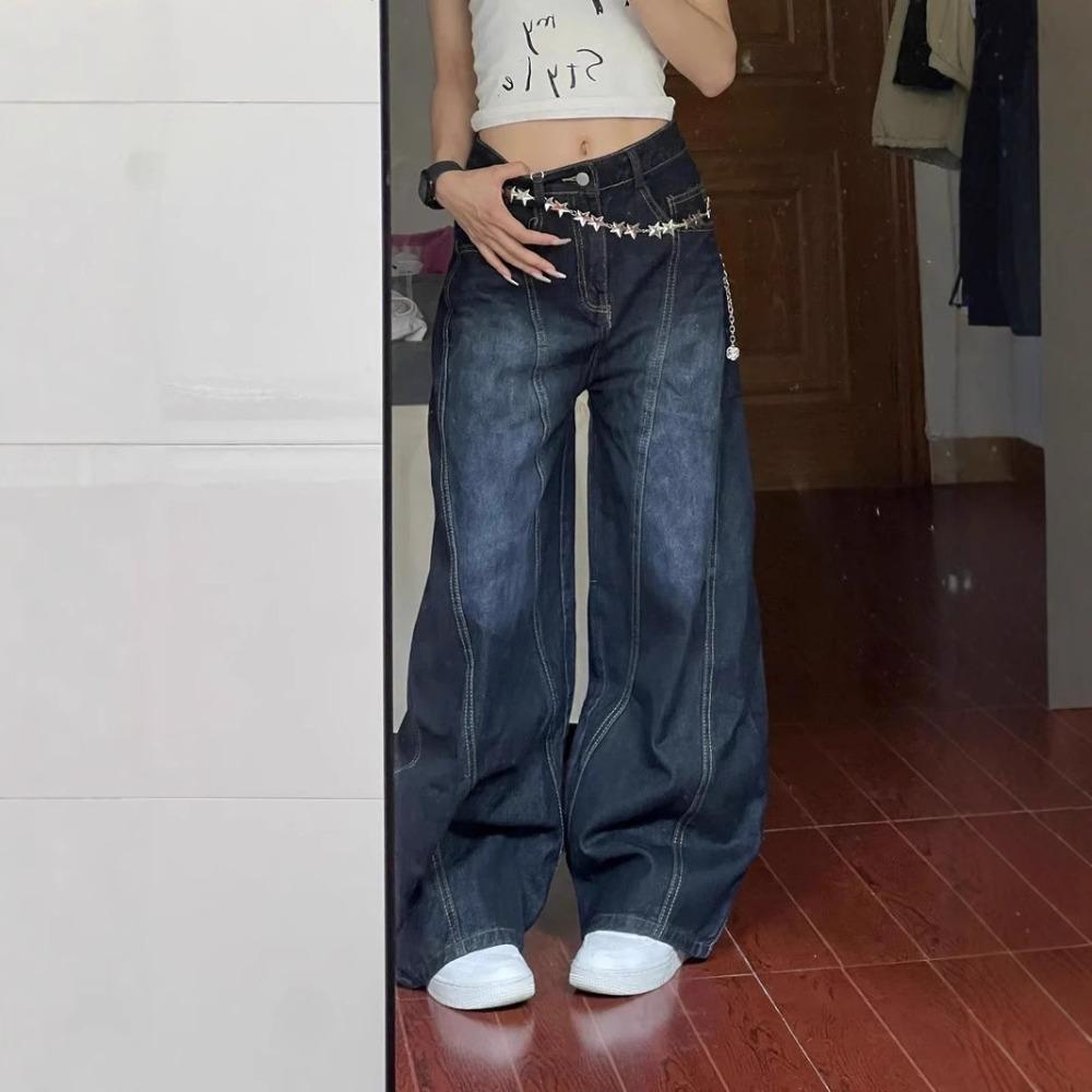 Women's High Waist Wide Leg Jeans Loose Fit Vintage Washed Back Embroidery Baggy Denim Trousers