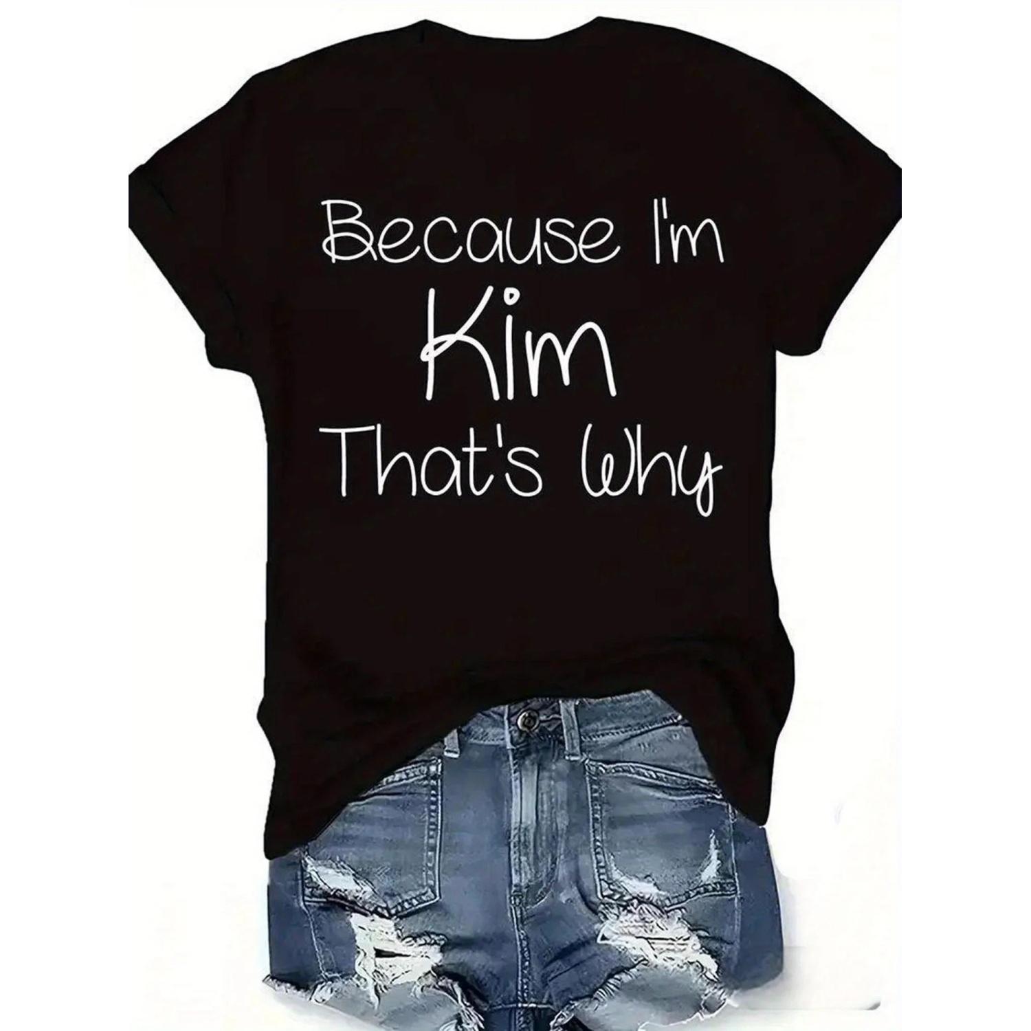 

Women s Casual T-Shirt with Kim Graphic Print - Short Sleeve Crew Neck All-Season Comfort Black with White Lettering Regular S чёрный