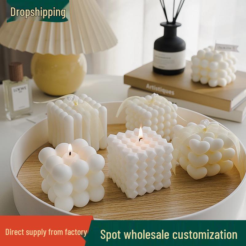 Rubik's Cube Aromatherapy Candle - Soy Wax White Geometric Ornament & Home Decor Candle