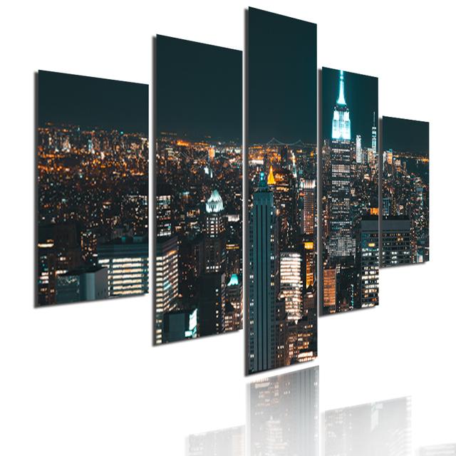 Wall Art Metropolis Skyscrapers Canvas Painting 5 Pieces Modular Picture Bustling City Night Poster HD Printed for Home Decor