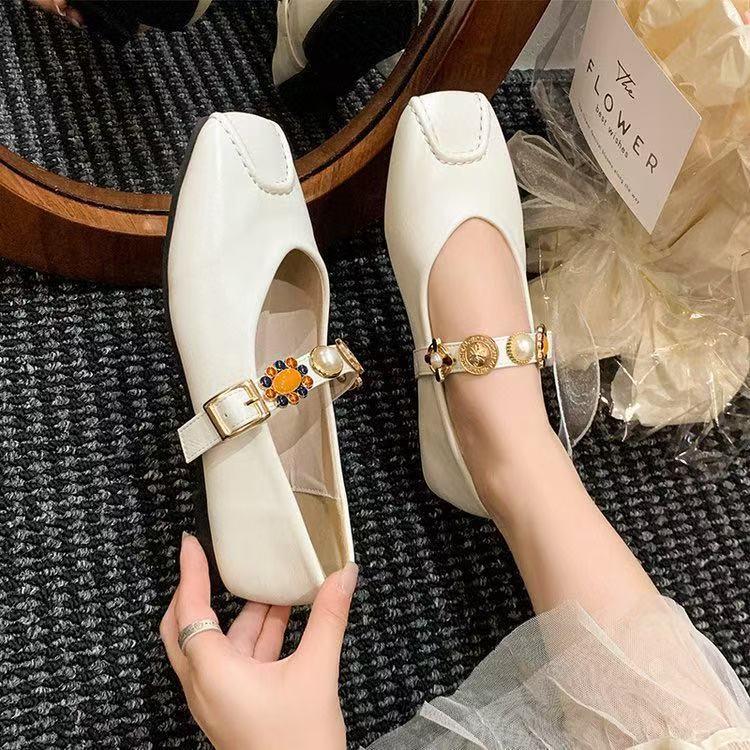 Single shoes women's summer new niche soft leather one-pedal square heel Mary Jane women's shoes