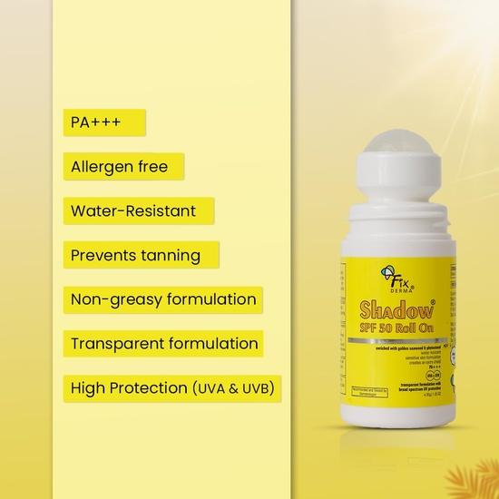 Fixderma Shadow Spf 50 Roll-On, crème solaire visage Spf 50, protection UVB, pour femmes et hommes - 30 g - Combinaison