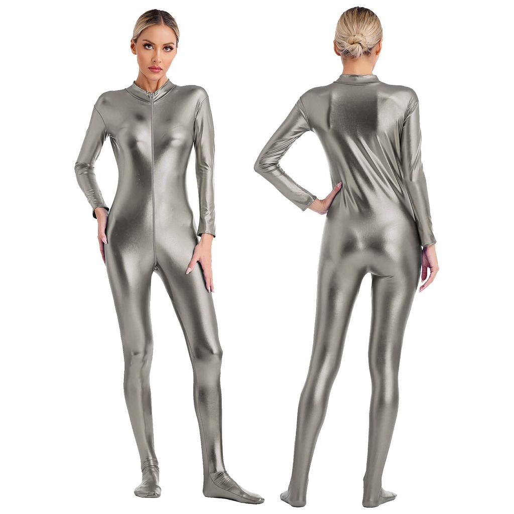 Womens Metallic Shiny Zentai Jumpsuit Mock Neck Long Sleeve Front Zipper Full Body Unitard Tights for Dance Performance