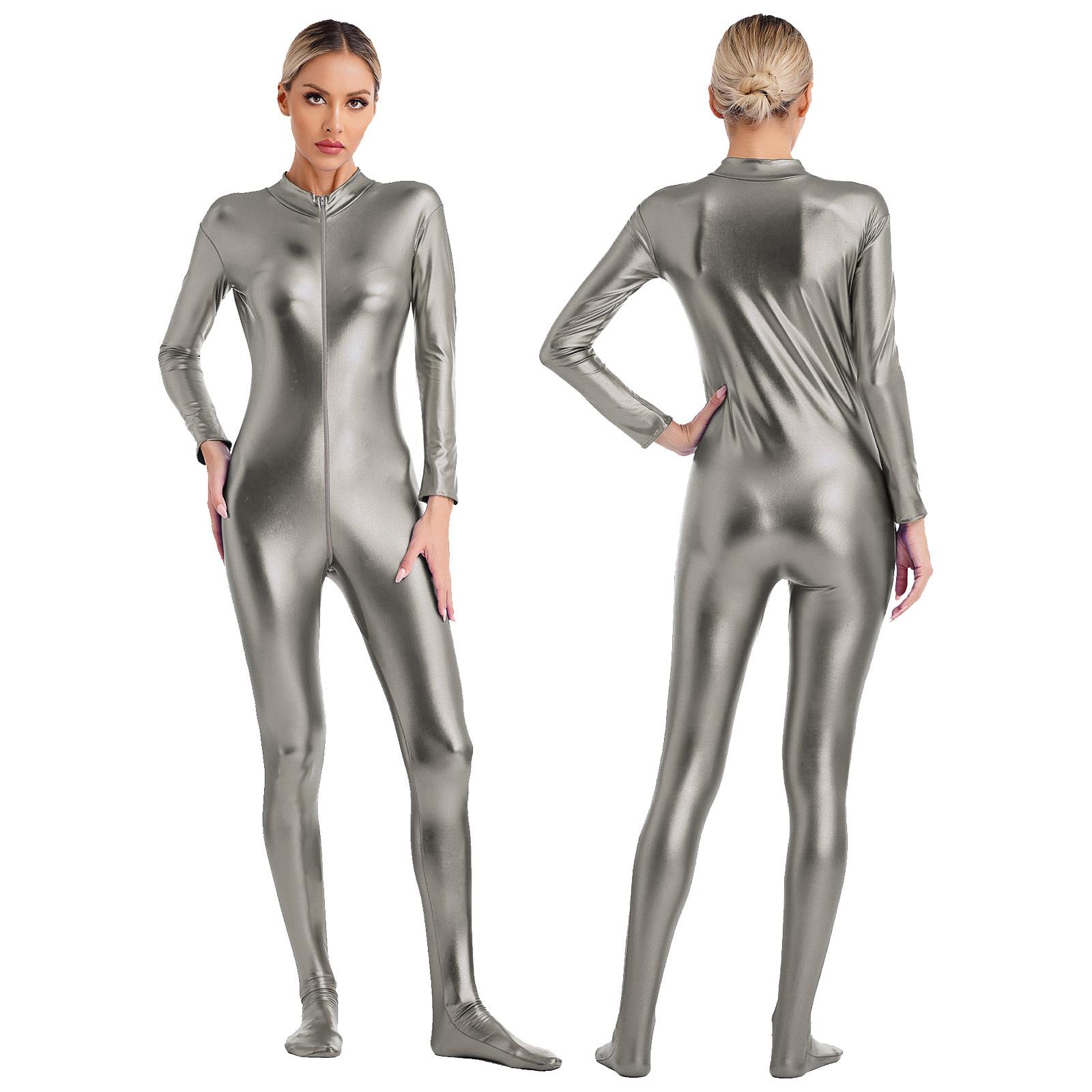 

Жіночий металізований блискучий комбінезон Zentai з коміром-стійкою, довгими рукавами, передньою блискавкою, облягаючі легінси для танцювальних виступів XL сірий