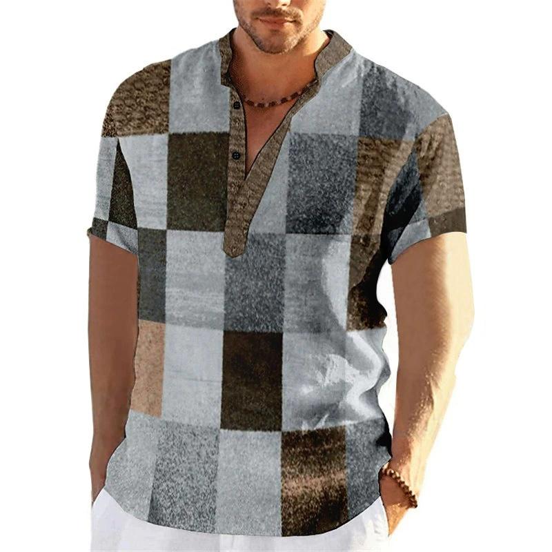 New Spring And Autumn Simple Color Matching 3D Digital Printing Stand-Up Collar Men'S Short-Sleeved Casual Shirt