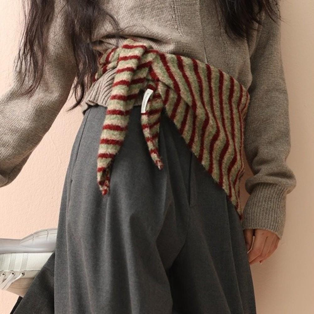 Lightweight Knitted Triangle Scarf Striped Pattern Winter Neckerchief Wool Shawl Scarf  Women