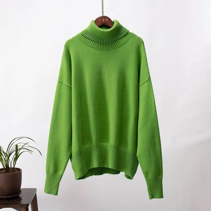 Women's Plus Size Turtleneck Sweater Autumn Winter Loose Solid Color Pullover Knit TopThick Stretch Knitwear