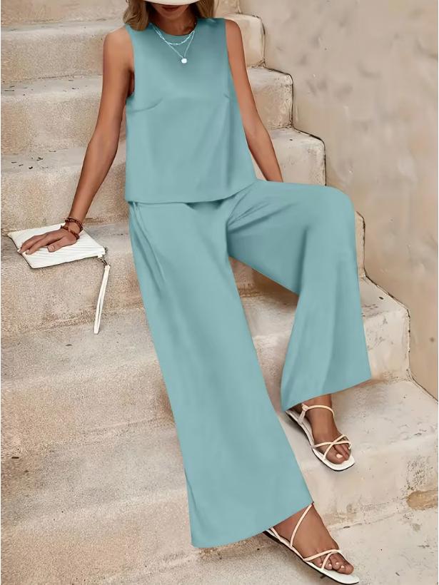 European & American Women's Fashion Set: Sleeveless Solid Top & Wide-Leg Pants 2026