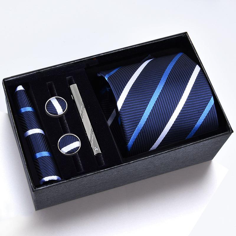 Gift Box Men'S Tie Square Scarf Cufflinks Tie Clip Five-Piece Set, Formal Business Blue Stripes