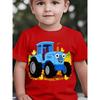 Boys' Short-Sleeve Spring/Summer/Autumn Cartoon Blue Tractor and Farm Chick Cute Print Children's Crew Neck Top