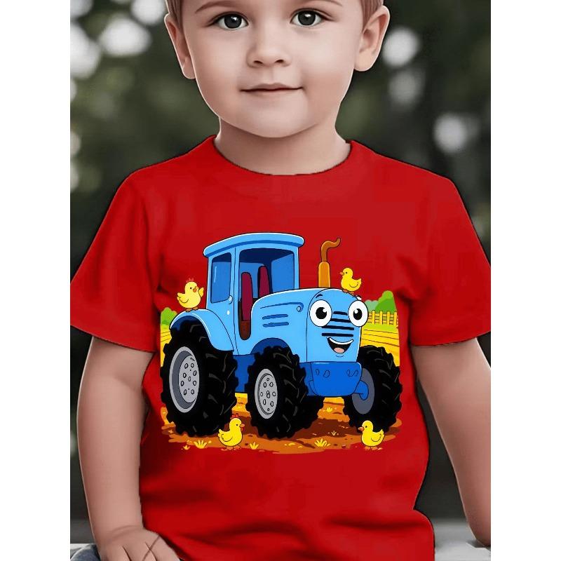 Boys' Short-Sleeve Spring/Summer/Autumn Cartoon Blue Tractor and Farm Chick Cute Print Children's Crew Neck Top