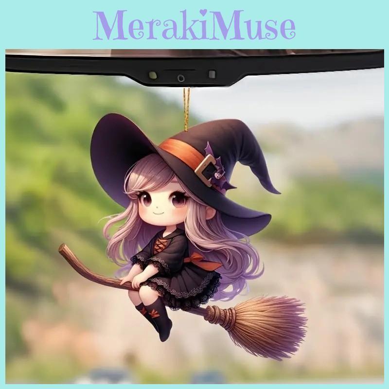 Car Acrylic Halloween Decoration Pendant Cartoon Witch Broom Supplies Interior