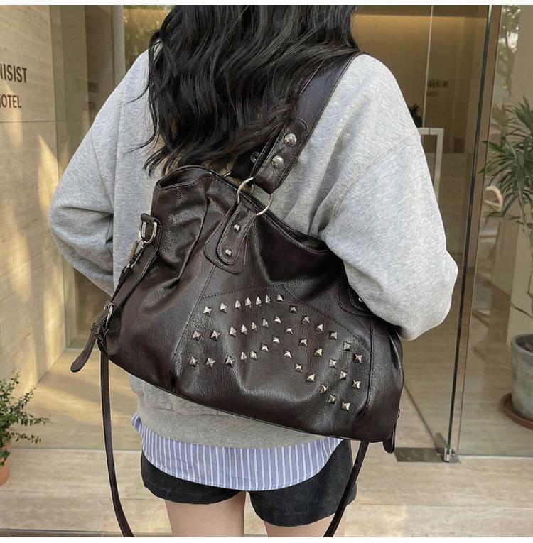 Women's Retro Punk Motorcycle Tote Bag with Rivets - Large Capacity, Fashionable Handheld or Shoulder Style