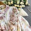 Romantic French Chiffon Print Ruffled Dress with Cinched Waist and Pleated Wide Hem
