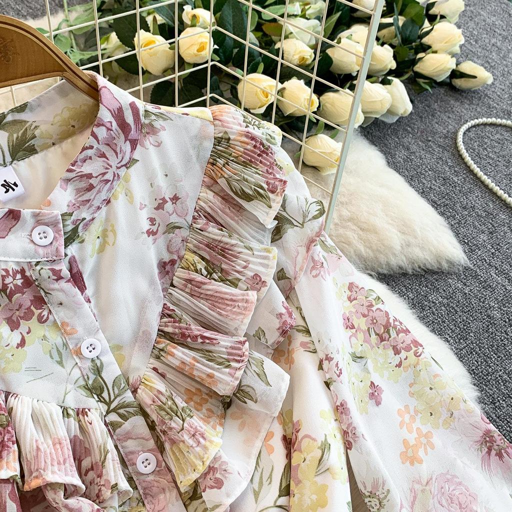 Romantic French Chiffon Print Ruffled Dress with Cinched Waist and Pleated Wide Hem