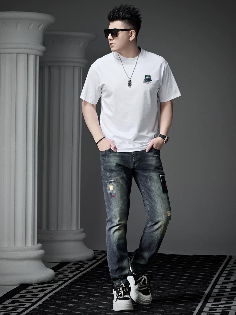 European Goods 2025 New Trendy Brand Cartoon Print Short-Sleeved T-Shirt Men's Round Neck Casual Top Summer Half-Sleeved T-Shirt
