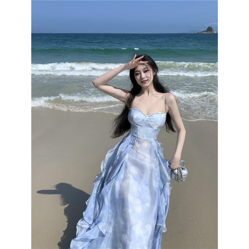 

Coffee Break French Blue Suspender Dress Women s Summer New Seaside Resort Beach Dress Sunset Fairy Dress S