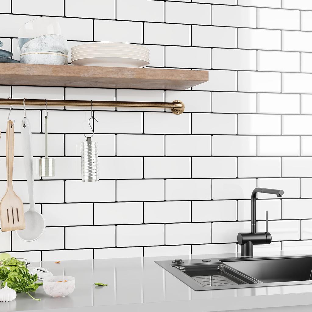 VEELIKE Waterproof Kitchen Tile Stickers, Heat Resistant, 6 Sheets, 30x30cm, Brick Pattern, White, Glossy, 3D Wallpaper Stickers, Wall Stickers, Mosai
