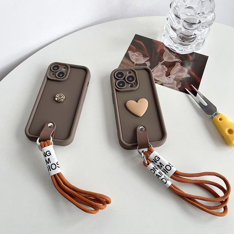 Apple 17Promax Mobile Phone Case Anti-Drop Portable Rope Love Iphone16 Camellia Fine Hole All-Inclusive Silicone Soft