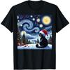 Van Gogh Starry Night Festive Christmas Black Cat Santa Hat Men Women T-Shirt