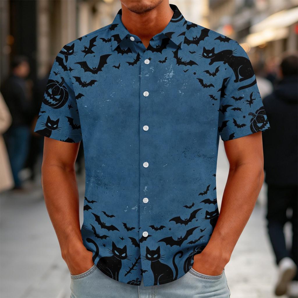 Men's Halloween Print Vintage Button Down Cardigan Shirt - Loose Fit Breathable Summer Casual Streetwear Top