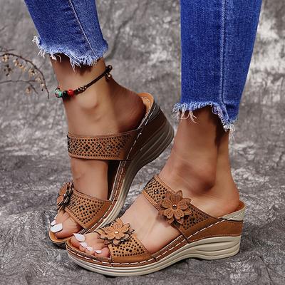 Foreign Trade Large Size Summer New Retro Casual Rhinestone Flower High Heel One-character Women's Wedge Heel Slippers
