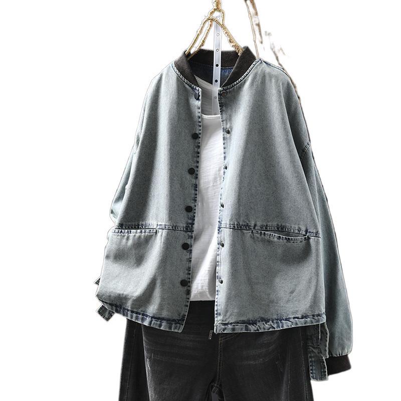 Damen Petites lockere Jeansjacke mit Revers - Frühling Lässig Übergröße