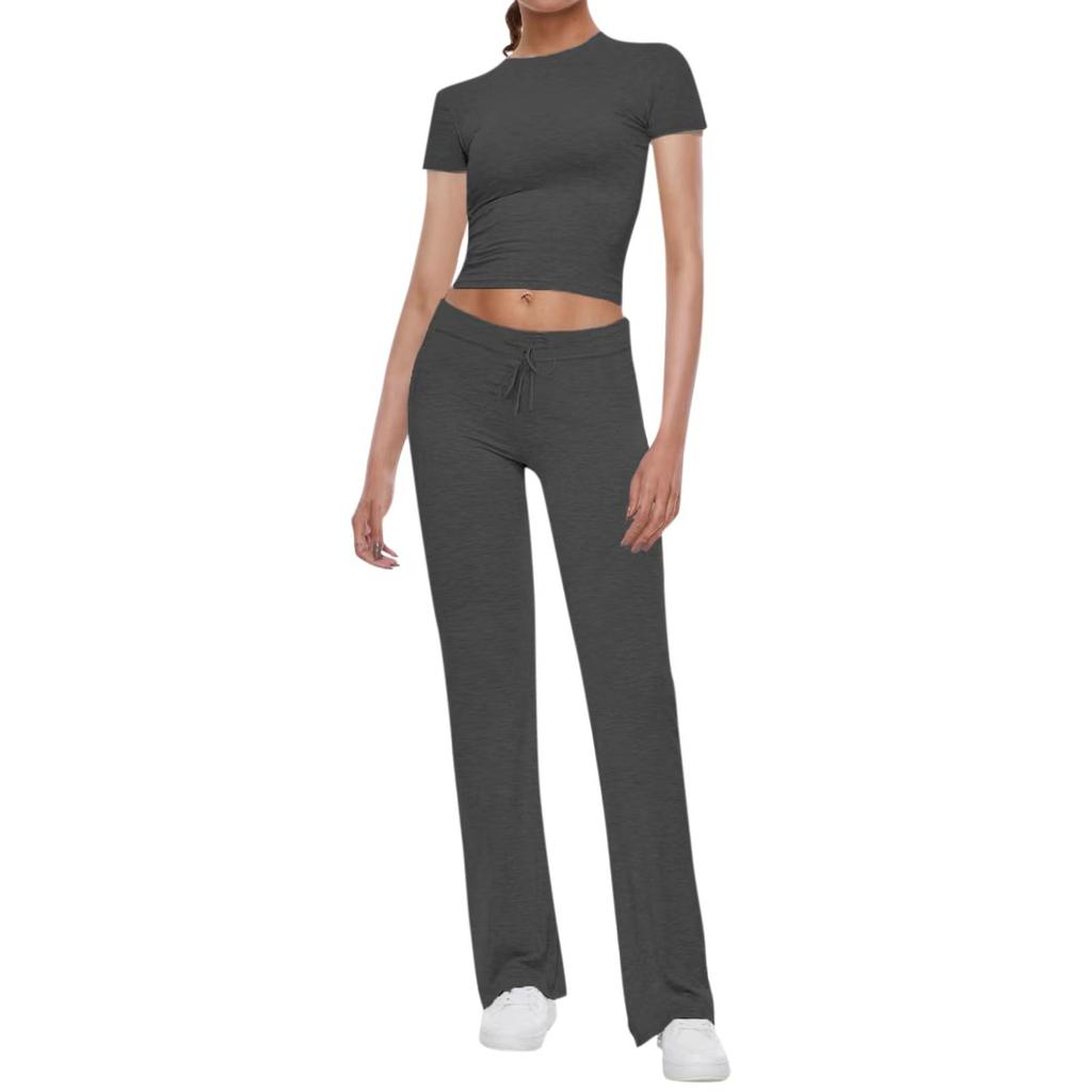Women's Solid Color Two Piece Outfit Crop Short Sleeve Top Elastic Waist Flare Pants Casual Sports Tracksuit Set