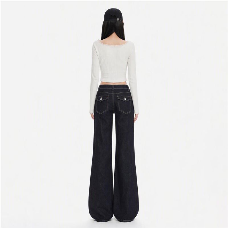 Pocket flip slightly pulled jeans women's autumn and winter non-stick legs horseshoe pants elastic high waist thin straight flared pants