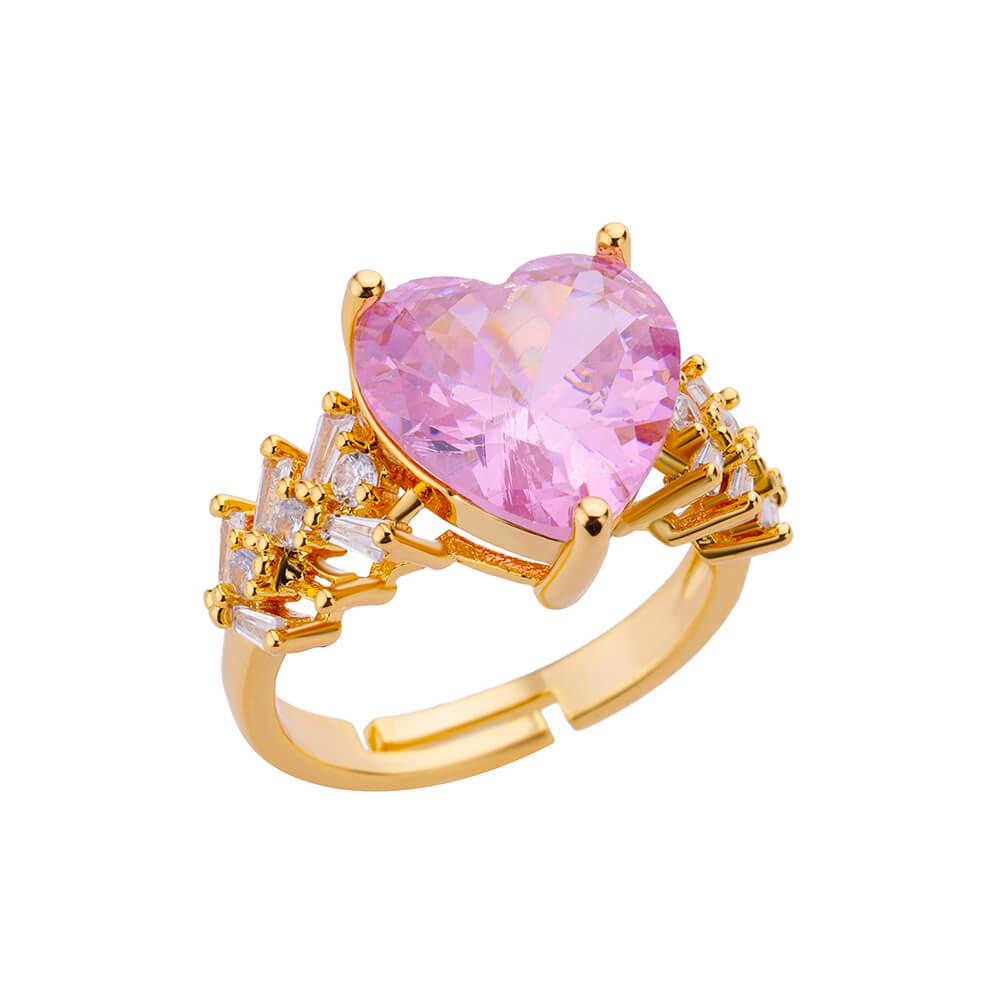 Pink Zircon Heart Rings For Women Gold Plated Stainless Steel Adjustable Heart Ring 2025 Trend Wedding Aesthetic Jewelry Gift